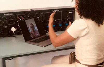 Mel B on a video call with a North Devon College student