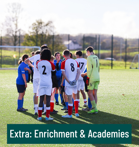 Group of students on a football pitch in a team huddle.